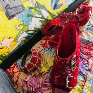 DKNY RED-PATENT LEATHER PEEP TOES